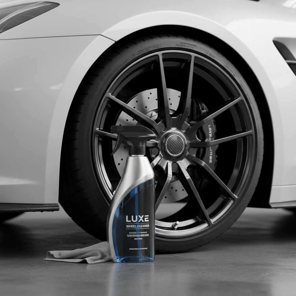 고급 스포츠카의 광택이 나는 블랙 알루미늄 휠 옆에 세워진 세련된 디자인의 휠 세정제 스프레이 병, 부드러운 스튜디오 조명과 8K 고해상도 품질.