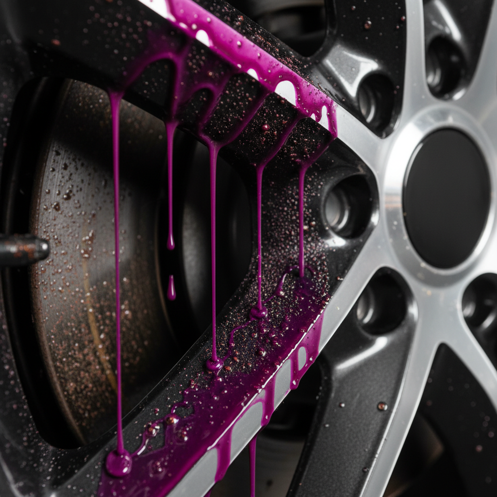 철분 제거 성분이 포함된 보라색 휠 세정제가 휠의 브레이크 분진과 반응하여 흘러내리는 매크로 근접 샷, 강렬한 색상 대비와 디테일한 질감.