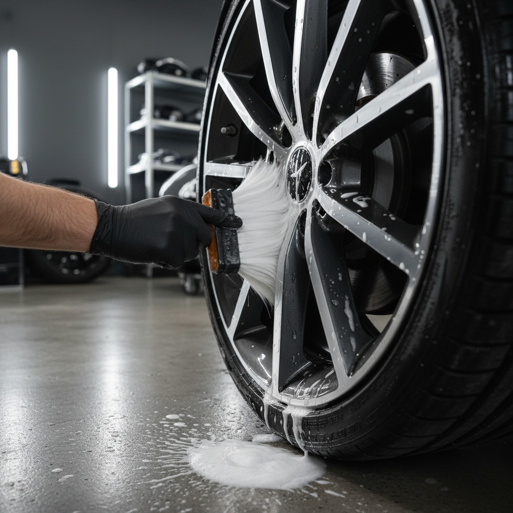 검은색 니트릴 장갑을 낀 전문가가 부드러운 디테일링 브러시를 사용하여 멀티 스포크 휠 사이사이에 풍성한 흰색 거품을 내는 작업 장면.