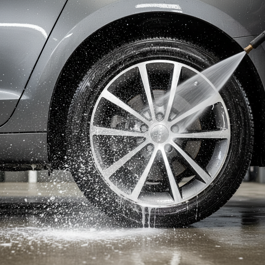 고압 세척기에서 뿜어져 나오는 강력한 물줄기가 휠에 묻은 오염물과 거품을 씻어내는 순간, 사방으로 튀는 물방울과 깨끗해지는 휠의 대비.